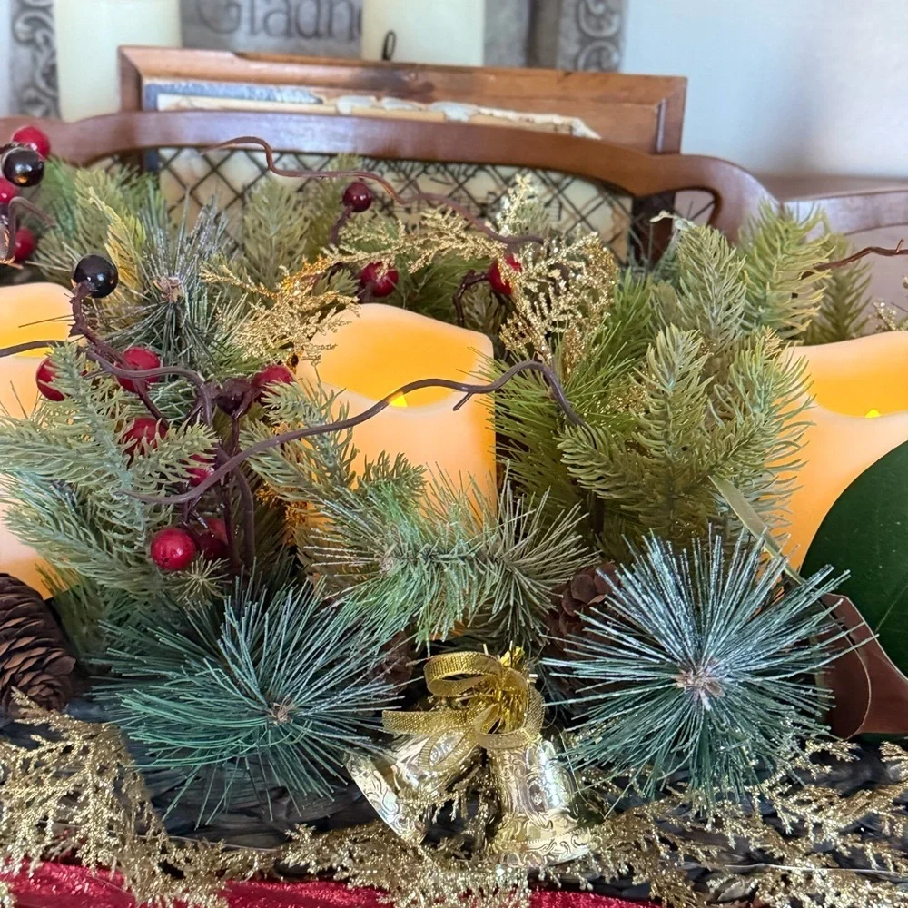 XL 25”  Festive Holiday Candle Gold Centerpiece with Greenery - Home Holiday